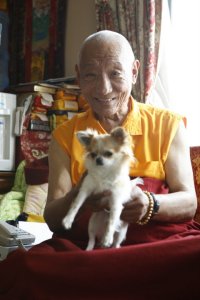 Bairo Rinpoche with dog 2008